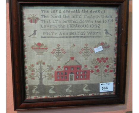 Coloured print depicting a needlepoint tapestry dated: 1842.  Framed.