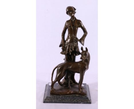 Art Deco style figure of a young lady and hound, named on plinth base, BONNEY, 40cm high