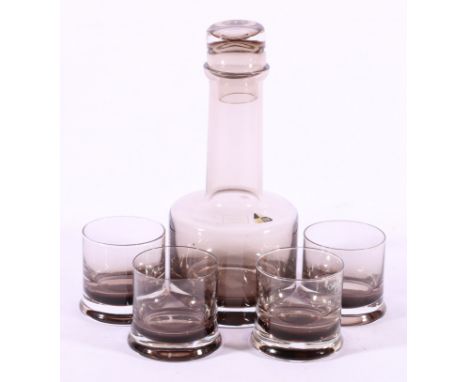 Caithness art glass decanter of mallet shape in peeble grey with four matching whiskey tumblers.