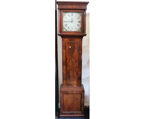 19th century flame mahogany longcase clock, the projected moulded cornice, painted face, floral spandrels, Roman numerals, fl