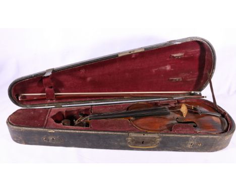 Violin with one piece back, no label, back length 14 1/2 inches in Hill and Sons case with bow. CONDITION REPORT: The length 