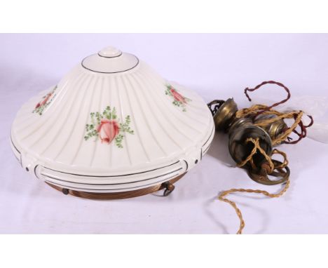 Opaque and milk glass ceiling light decorated with four floral vignettes, 40cm diameter.