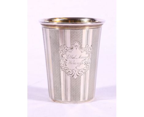 Scandinavian beaker cup presented to Ethel Mary Wemyss with engine turned decoration and gilded interior ,marks mark to base 
