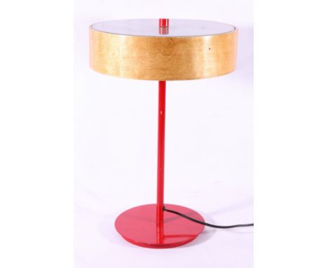 Post war stylish metal table lamp with wood and tempered glass shade on red painted metal stand, 47cm tall.