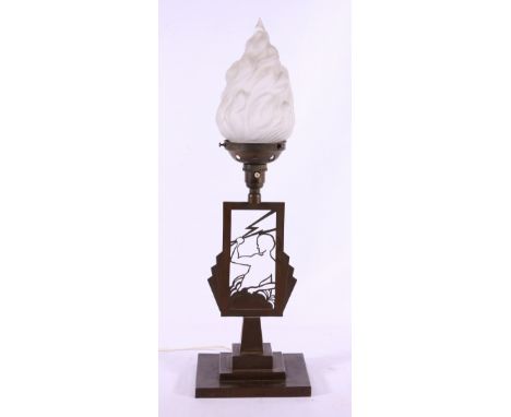 Art Deco copper work lamp with flame glass shade pierced fretwork panel raised on stepped plinth base. 58cm CONDITION REPORT: