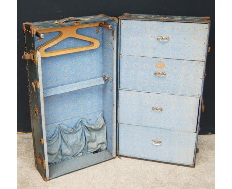 Travel trunk with fitted interior, stamped Paisleys, 103cm wide, 36cm high and 56cm deep.