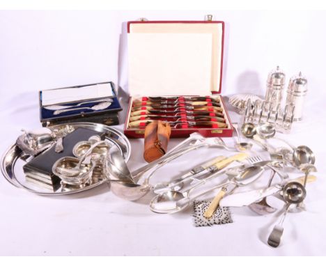A quantity of plated ware including ladle spoons toast rack etc.