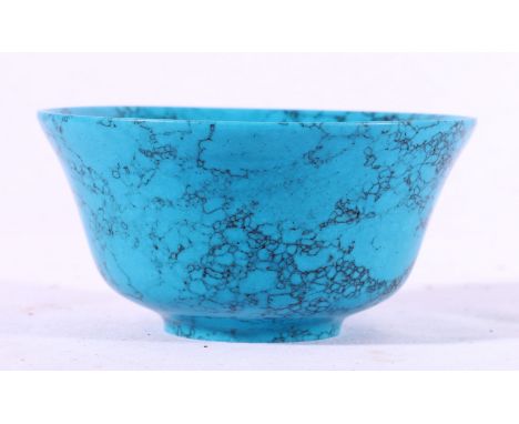 Unusual turquoise blue ceramic bowl with spalted type pattern, 10cm diameter. CONDITION REPORT: Few very minor nibbles to foo