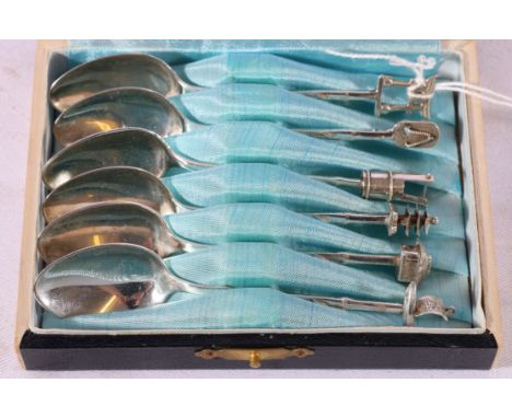 Set of six Japanese 950 grade silver spoons by K Vyeda of Tokyo, each with different Japanese item finial within fitted case.