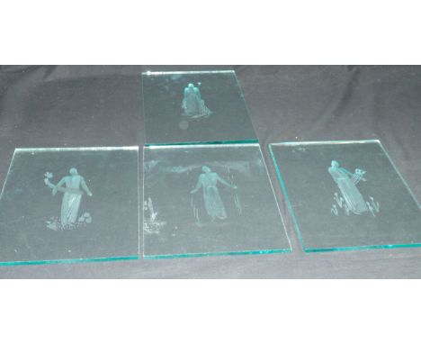 Set of four intaglio etched glass panels depicting allegorical figures, 25cm 20cm