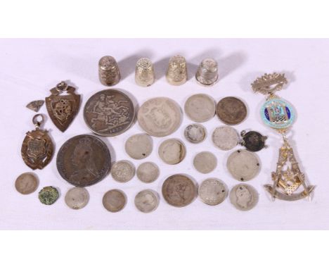 Silver and enamel masonic jewel, two medals, four thimbles, two crowns, 1889 and various other coins.