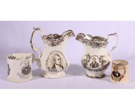 Two transfer print jugs of Sir Robert Peel and two mugs of George Kinloch MP and Gladstone.   CONDITION REPORT:  Gladstone mu