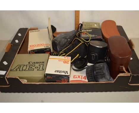 A boxed lot of vintage cameras, binoculars and accessories to include Canon AE-1 camera with various lenses and accessories a
