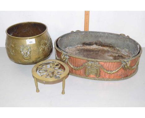 Copper and brass mounted planter together with a further jardiniere and a brass trivet (3)