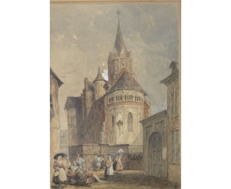 A 19TH CENTURY WATERCOLOUR PAINTING ON PAPER DEPICTING A VILLAGE SCENE WITH A CHURCH32cm x 24cmFramed and glazed.