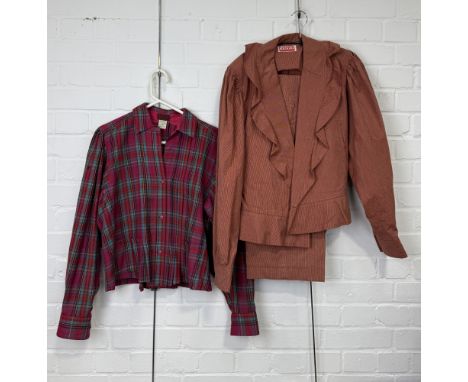 KENZO: A VINTAGE LADIES TWO PIECE OUTFIT, JACKET AND TROUSERS ALONG WITH A CHEQUERED SHIRTShirt size S Provenance: Property o
