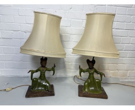 A PAIR OF CERAMIC GEISHA TABLE LAMPS40cm H each.With shades, 66cm total.