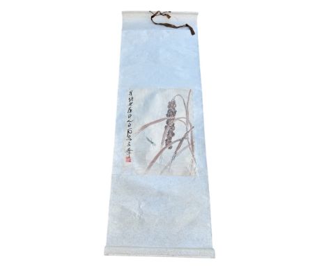 A CHINESE PAINTING ON SCROLL DEPICTING A CRICKET WITH A WHEAT SHEAF45cm x 34cmScroll 123cm x 44cm