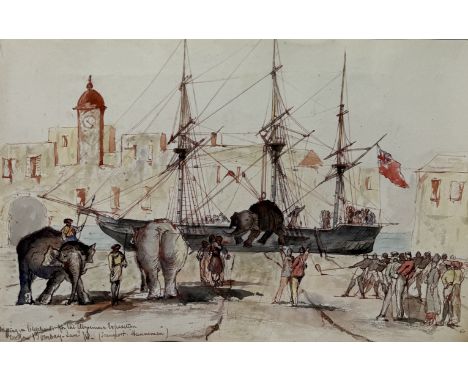 A FINE AND RARE 19TH CENTURY TOPOGRAPHICAL WATERCOLOUR PAINTING ON PAPER DEPICTING A VIEW OF A BOMBAY, INDIA PORT SCENEThe sc