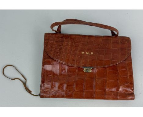 ASPREY LONDON: A BROWN CROCODILE SKIN HANDBAG WITH GILT INITIALS23cm x 17cm