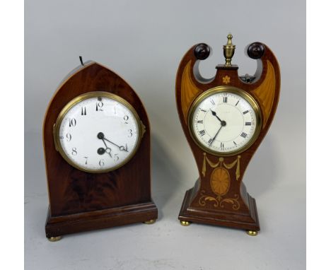AN ART NOUVEAU MANTLE CLOCK WITH MARQUETRY INLAY, ALONG WITH ANOTHER MANTEL CLOCK26cm HWith keys