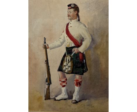 ALFRED CROWDY LOVETT C.B.E (BRITISH 1862-1919): A MAGNIFICENT WATERCOLOUR PAINTING ON BOARD DEPICTING A PORTRAIT OF A SCOTTIS