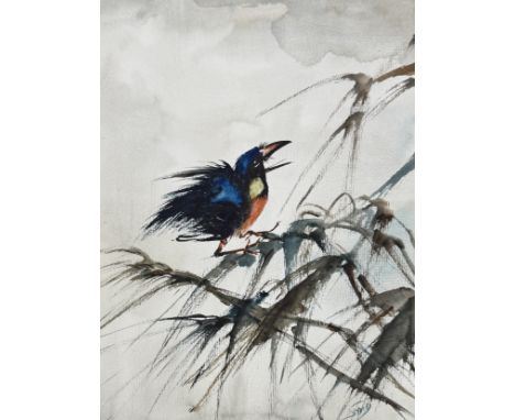 AN ASIAN PAINTING ON PAPER DEPICTING A BIRD ON A BAMBOO STALK37cm x 27cm