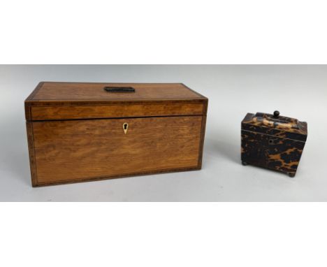 A 19TH CENTURY SATINWOOD VENEER TEA CADDY ALONG WITH A TORTOISESHELL CADDYSatinwood caddy 30cm x 15cm x 15cm