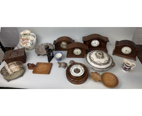 FIVE CLOCKS, BAROMETER, CERAMICS, SILVER PLATE ETC