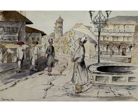 A FINE AND RARE 19TH CENTURY TOPOGRAPHICAL WATERCOLOUR PAINTING ON PAPER DEPICTING A VIEW OF BOMBAY/INDIA STREET SCENE WITH I