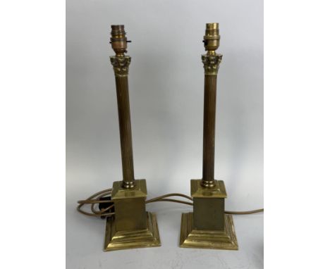 A PAIR OF BRASS CORINTHIAN COLUMN TABLE LAMPS45cm H