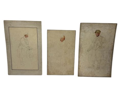ALFRED CROWDY LOVETT C.B.E (BRITISH 1862-1919): A SET OF THREE PENCIL AND WATERCOLOUR PAINTINGS ON BOARD DEPICTING PORTRAITS 