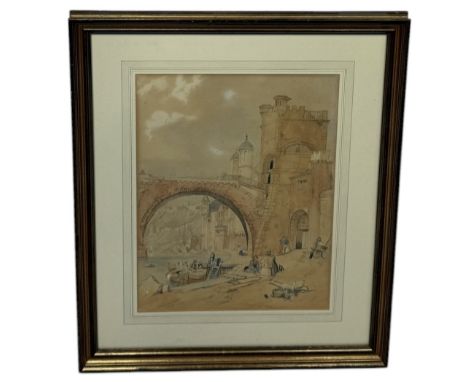 19TH CENTURY GERMAN SCHOOL: A WATERCOLOUR PAINTING ON PAPER DEPICTING THE BRIDGE ON THE MOSELLE, GOBLENTEInscribed and dated 