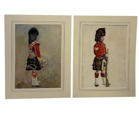 ALFRED CROWDY LOVETT C.B.E (BRITISH 1862-1919): A FINE WATERCOLOUR PAINTING ON BOARD DEPICTING A SCOTTISH WWI OFFICER STANDIN