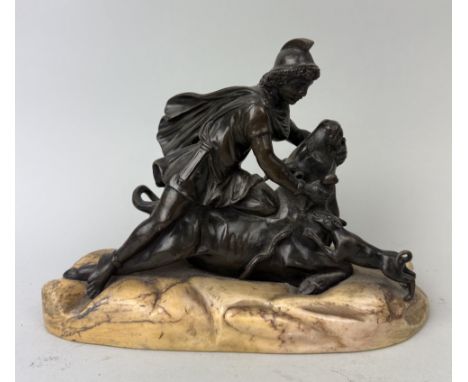 A 19TH CENTURY BRONZE SCULPTURE DEPICTING HERCULES AND THE HIND OF CERYNEIA19cm x 13cmOn yellow marble base.