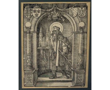 ALBRECHT DURER: A WOODCUT PRINT ON PAPER 'SAINT SEBALD IN THE NICHE'30cm x 21cmFramed and glazed.