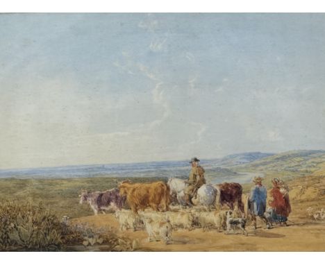 ATTRIBUTED TO GEORGE BARRETT SENIOR (IRISH 1730-1774): A WATERCOLOUR PAINTING ON PAPER DEPICTING A SHEPHERD WITH CATTLE45cm x