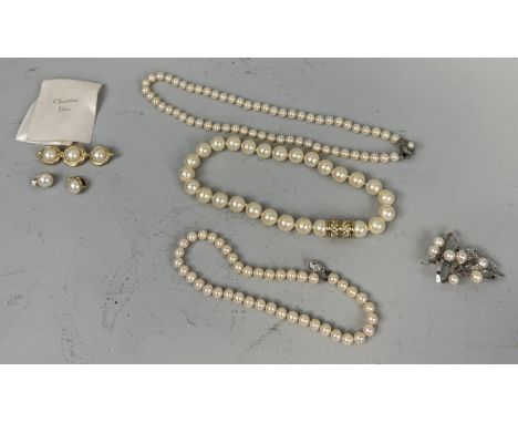 CHRISTIAN DIOR COSTUME PEARL EARRINGS AND BROOCH AND OTHER COSTUME PEARLS 