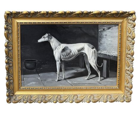 AN EARLY 20TH CENTURY OIL PAINTING ON CANVAS DEPICTING A PORTRAIT OF A GREYHOUND45cm x 30cmFramed.