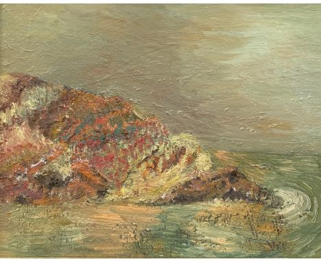 AN OIL PAINTING ON BOARD, COASTAL SEASCAPE