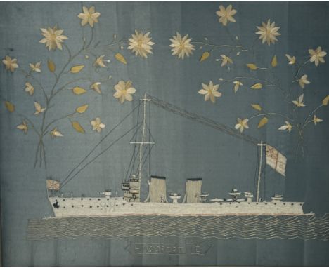 A SAILOR'S WOOLWORK EMBROIDERY 'H.M.S SPORTIVE', 191862cm x 50cmFramed and glazed.
