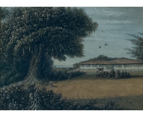 A 19TH CENTURY WATERCOLOUR PAINTING ON PAPER DEPICTING A TOPOGRAPHICAL COLONIAL EAST ASIAN VIEW OF INDIA, SINGAPORE OR MALAYS