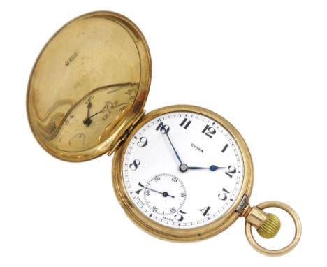 Early 20th century 9ct gold full hunter Swiss lever pocket watch by Cyma, white enamel dial with Arabic numerals and subsider