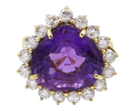 18ct gold amethyst and round brilliant cut diamond cluster ring, amethyst approx 8.00 carat, total diamond weight approx 1.30