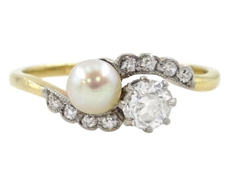 Early 20th century old cut diamond and pearl crossover ring, with diamond set scalloped design shoulders, stamped 18ct, princ