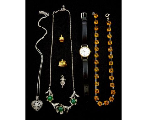 Two gold house and crown charms, both 9ct, silver jewellery including marcasite and cabochon green agate flower necklace, yel