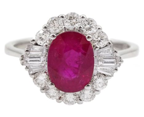 18ct white gold oval ruby, round brilliant and baguette cut diamond cluster ring, stamped 750, ruby 1.75 carat, total diamond