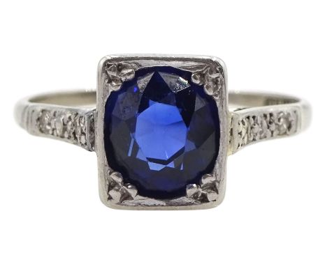 Art Deco 18ct white gold and platinum oval synthetic sapphire ring, with diamond set shoulders, 18ct &amp; PtCondition Report