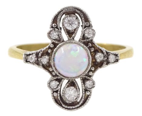 Silver-gilt single stone opal and cubic zirconia cluster ring, stamped Sil Condition Report:Size O-P,  good condition 