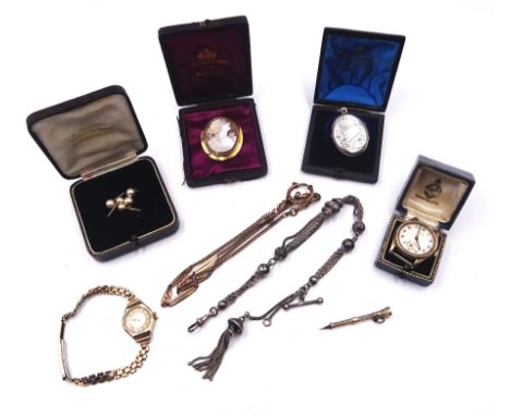 Victorian and later jewellery including silver Albertina chain and locket, 9ct gold cameo brooch, two 9ct gold manual wind wr